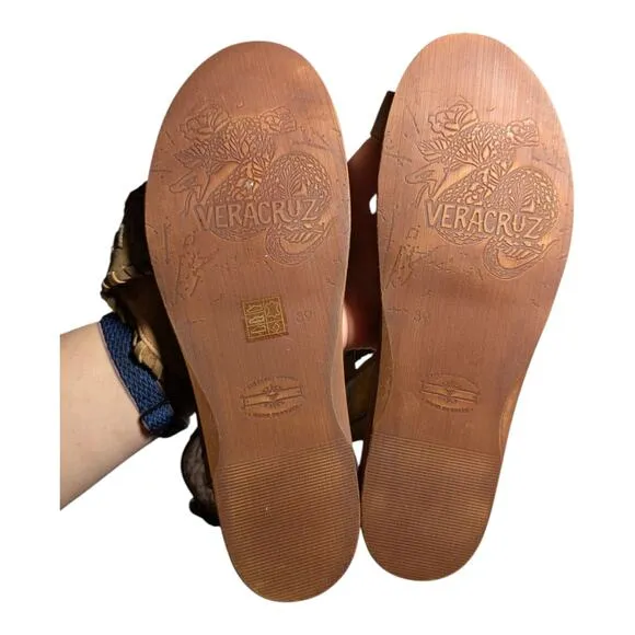 Sundance Veracruz Artisans Beige Whipstitch Leather Toe Loop Sandals Sz 39 8.5