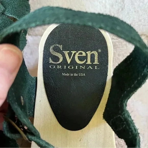Sven Diamond Strap Clogs Forest Green Suede Open Toe Low Heel Sandals - 39
