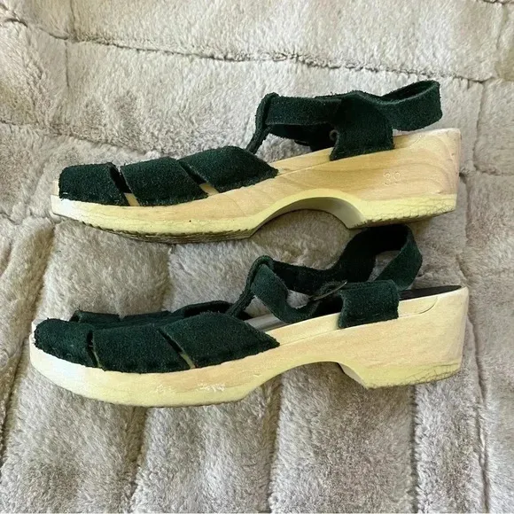 Sven Diamond Strap Clogs Forest Green Suede Open Toe Low Heel Sandals - 39