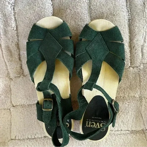 Sven Diamond Strap Clogs Forest Green Suede Open Toe Low Heel Sandals - 39