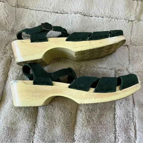 Sven Diamond Strap Clogs Forest Green Suede Open Toe Low Heel Sandals - 39