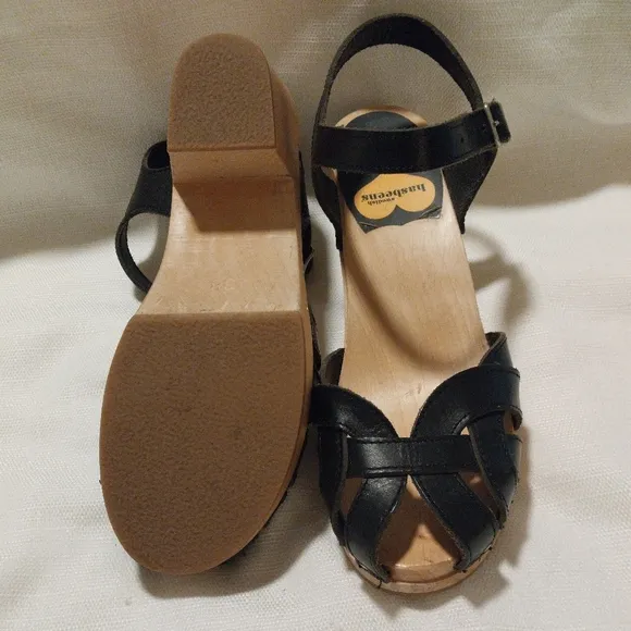 Swedish Hasbeens Black Leather Ankle Strap Heeled Clog Sandals