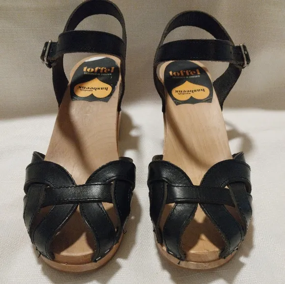Swedish Hasbeens Black Leather Ankle Strap Heeled Clog Sandals