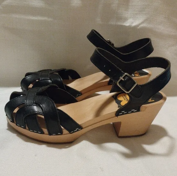 Swedish Hasbeens Black Leather Ankle Strap Heeled Clog Sandals