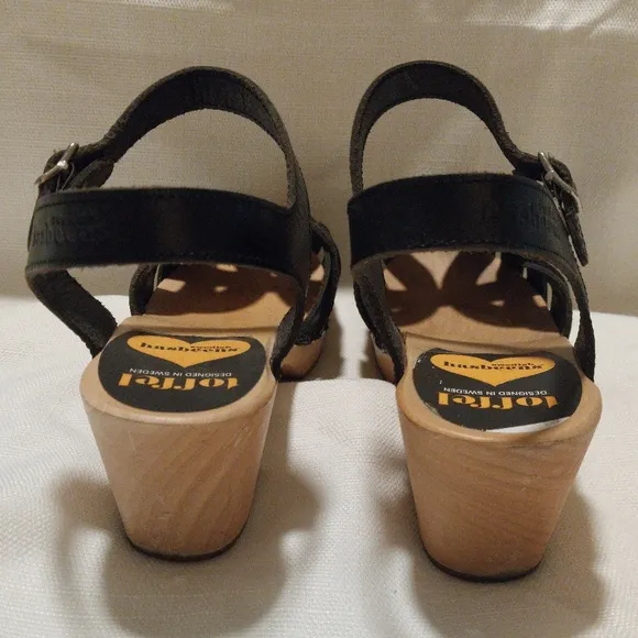 Swedish Hasbeens Black Leather Ankle Strap Heeled Clog Sandals