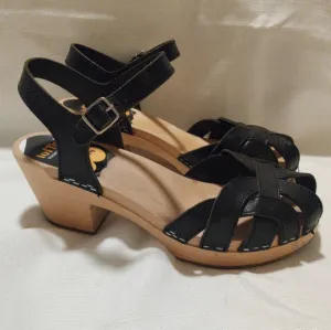 Swedish Hasbeens Black Leather Ankle Strap Heeled Clog Sandals