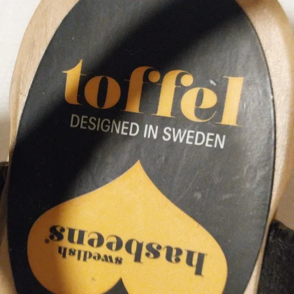 Swedish Hasbeens Black Leather Ankle Strap Heeled Clog Sandals
