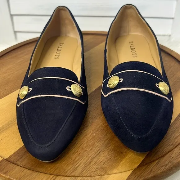 TALBOTS l Navy Blue Suede Pointed Toe Nautical Gold Buttons Flats Size 6.5