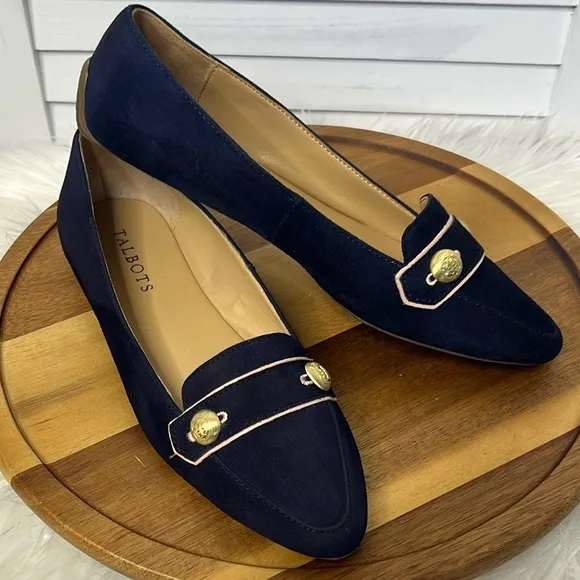 TALBOTS l Navy Blue Suede Pointed Toe Nautical Gold Buttons Flats Size 6.5