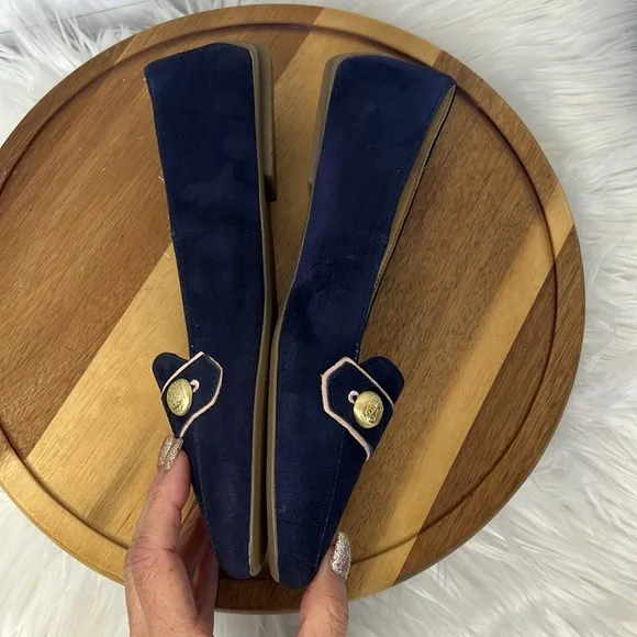 TALBOTS l Navy Blue Suede Pointed Toe Nautical Gold Buttons Flats Size 6.5