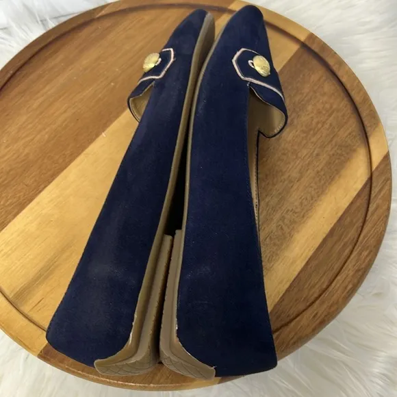 TALBOTS l Navy Blue Suede Pointed Toe Nautical Gold Buttons Flats Size 6.5