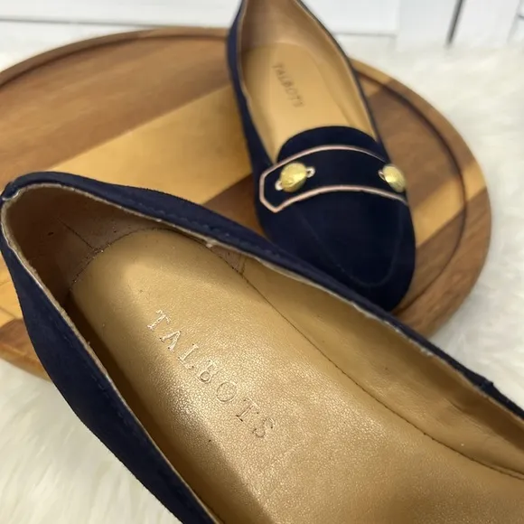 TALBOTS l Navy Blue Suede Pointed Toe Nautical Gold Buttons Flats Size 6.5
