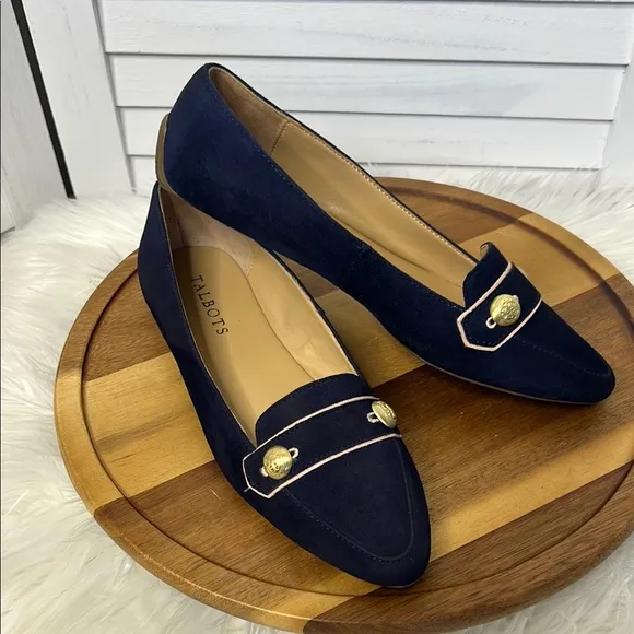 TALBOTS l Navy Blue Suede Pointed Toe Nautical Gold Buttons Flats Size 6.5