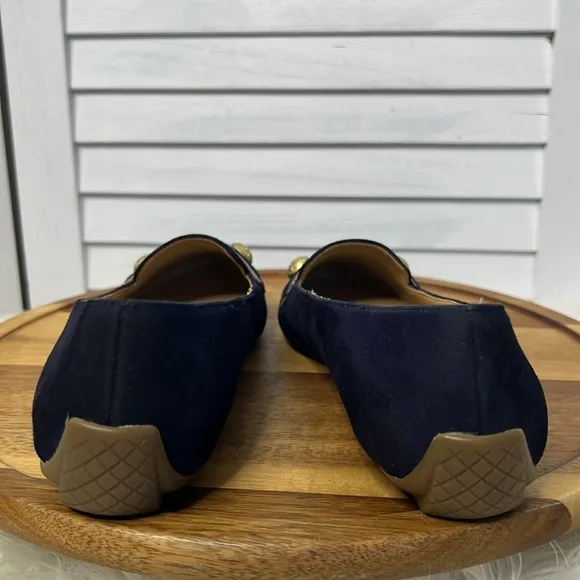 TALBOTS l Navy Blue Suede Pointed Toe Nautical Gold Buttons Flats Size 6.5