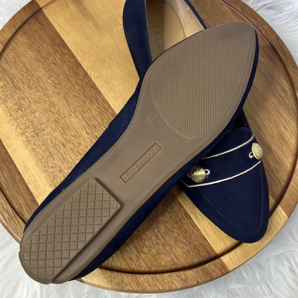 TALBOTS l Navy Blue Suede Pointed Toe Nautical Gold Buttons Flats Size 6.5