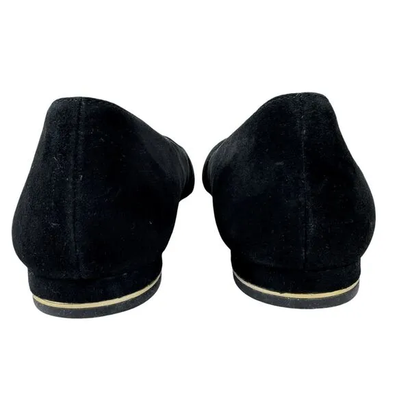 Talbots Women’s Bow Flats 9.5 Black Suede Edison Slip On Gold Heel Pointed Toe