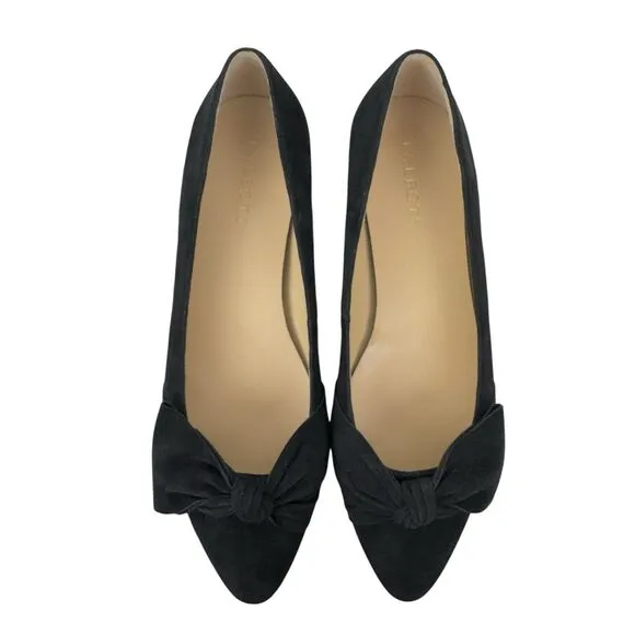 Talbots Women’s Bow Flats 9.5 Black Suede Edison Slip On Gold Heel Pointed Toe