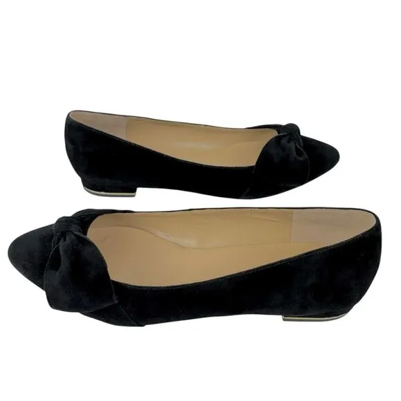 Talbots Women’s Bow Flats 9.5 Black Suede Edison Slip On Gold Heel Pointed Toe