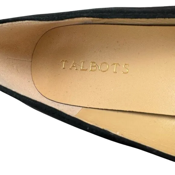 Talbots Women’s Bow Flats 9.5 Black Suede Edison Slip On Gold Heel Pointed Toe
