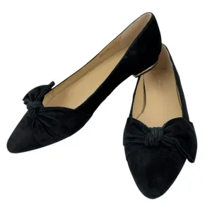 Talbots Women’s Bow Flats 9.5 Black Suede Edison Slip On Gold Heel Pointed Toe