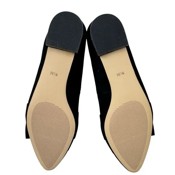 Talbots Women’s Bow Flats 9.5 Black Suede Edison Slip On Gold Heel Pointed Toe