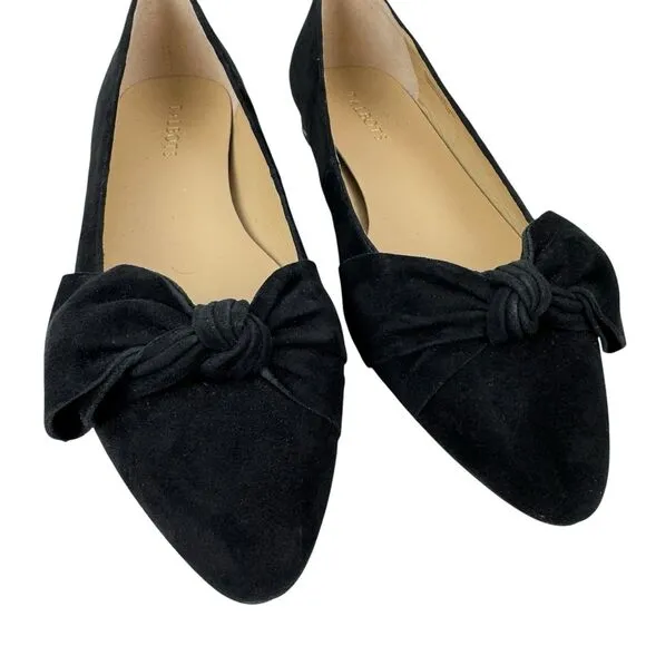 Talbots Women’s Bow Flats 9.5 Black Suede Edison Slip On Gold Heel Pointed Toe