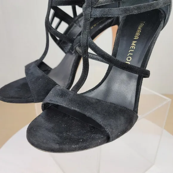 Tamara Mellon Black Suede Love Strappy Stiletto High Heel Sandals EU 37.5 US7