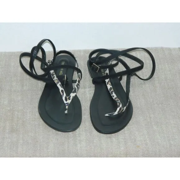 TAMARA MELLON Sandals Women's Size 39.5 9 US Black Brown Animal Print Ankle Wrap