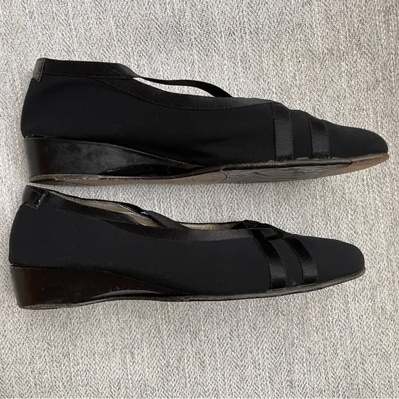 Taryn Rose Black Ballet Flats Wedge Criss Cross Satin Elastic Stretch Strap 9