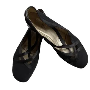 Taryn Rose Black Ballet Flats Wedge Criss Cross Satin Elastic Stretch Strap 9