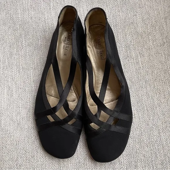 Taryn Rose Black Ballet Flats Wedge Criss Cross Satin Elastic Stretch Strap 9