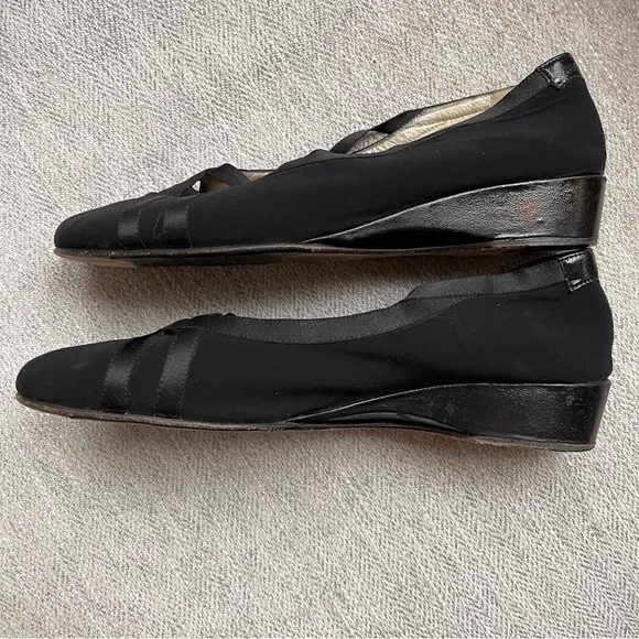 Taryn Rose Black Ballet Flats Wedge Criss Cross Satin Elastic Stretch Strap 9