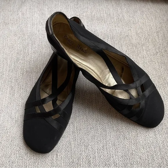 Taryn Rose Black Ballet Flats Wedge Criss Cross Satin Elastic Stretch Strap 9