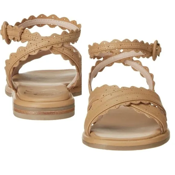 Ted Baker Taymiah Leather Scalloped Edging Ankle Wrap Tan Sandals Size 37 New