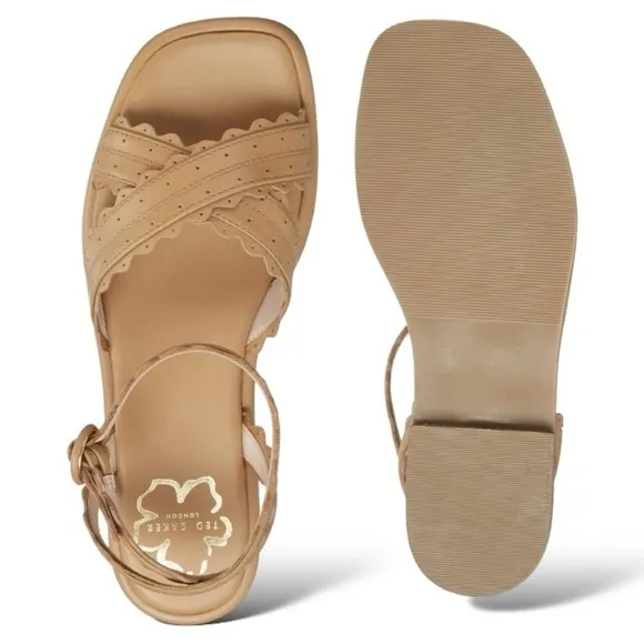 Ted Baker Taymiah Leather Scalloped Edging Ankle Wrap Tan Sandals Size 37 New