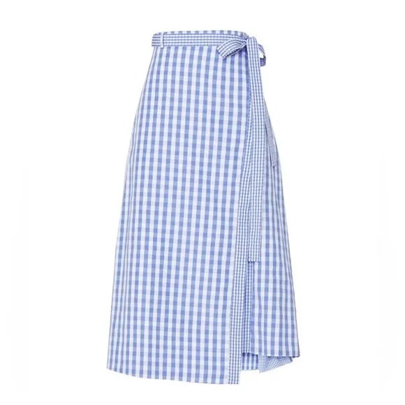 Thakoon Blue Gingham Asymmetrical Faux Wrap Skirt 8  Excellent Condition RTR
