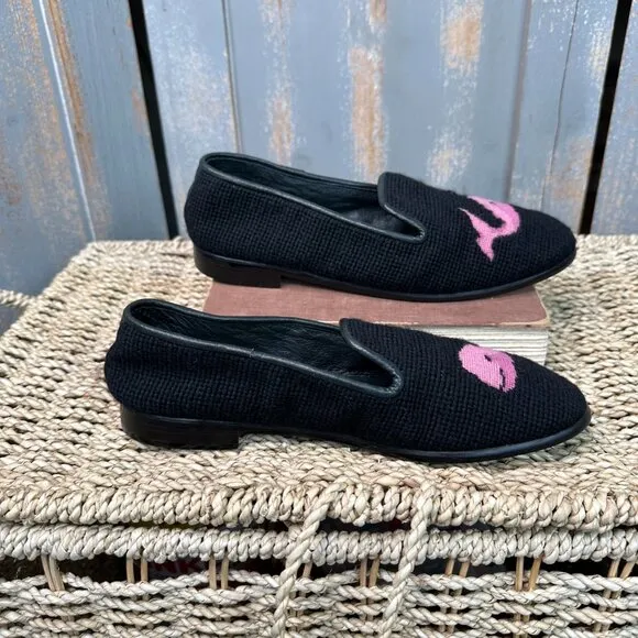 The Larkspur Collection Needlepoint Whale Loafers Black Pink Sz 8