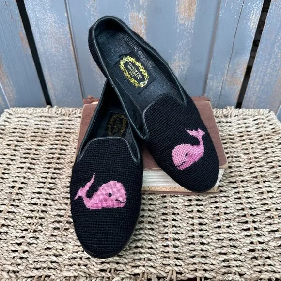 The Larkspur Collection Needlepoint Whale Loafers Black Pink Sz 8