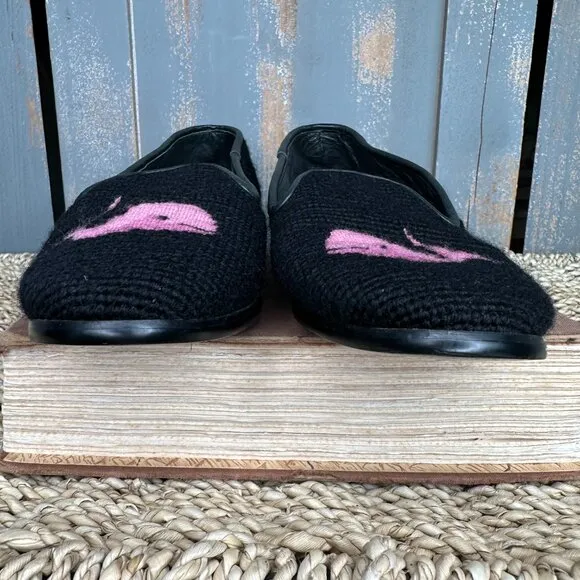 The Larkspur Collection Needlepoint Whale Loafers Black Pink Sz 8