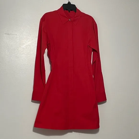 Theory Long Sleeves Button Down Shaped Mini Shirtdress in Red