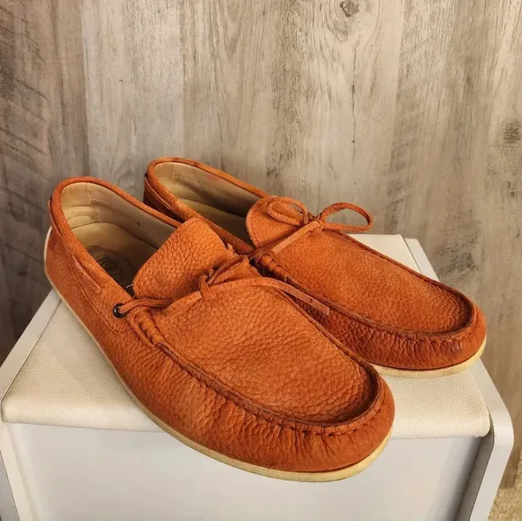 TOD'S Men's Tangerine Pebbled Leather Moccasins Loafers Size 10 US