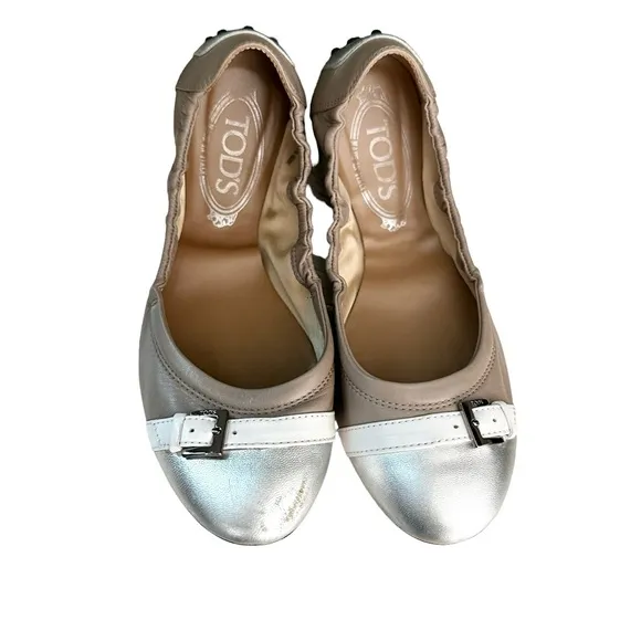 Tod’s | Silver Taupe Leather Scrunch Ballet Flats Size 37