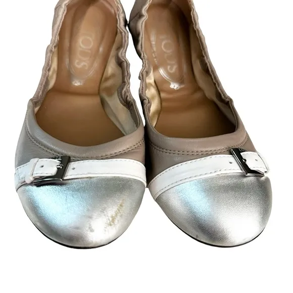 Tod’s | Silver Taupe Leather Scrunch Ballet Flats Size 37