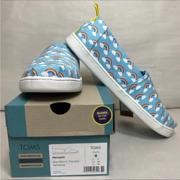 TOMS blue glow in the dark rainbow alpargata slip ons