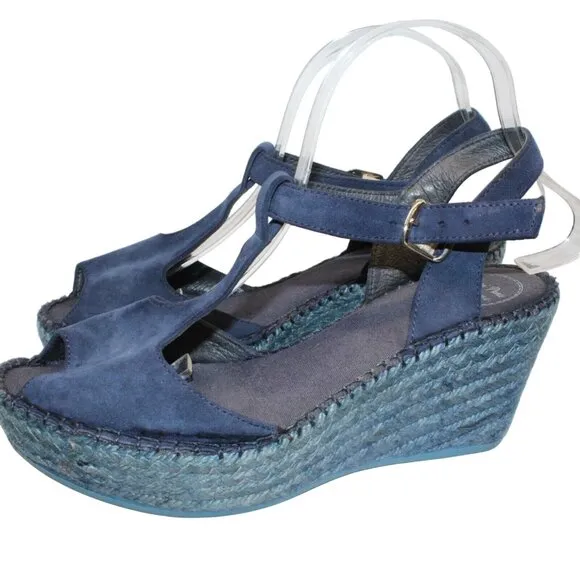 Toni Pons Womens Sz 9M Blue Leather Ankle Strap High Wedge Espadrilles Heels