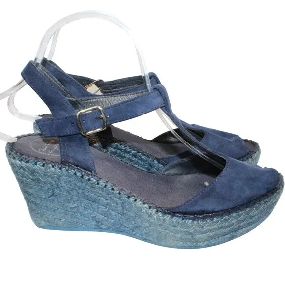 Toni Pons Womens Sz 9M Blue Leather Ankle Strap High Wedge Espadrilles Heels