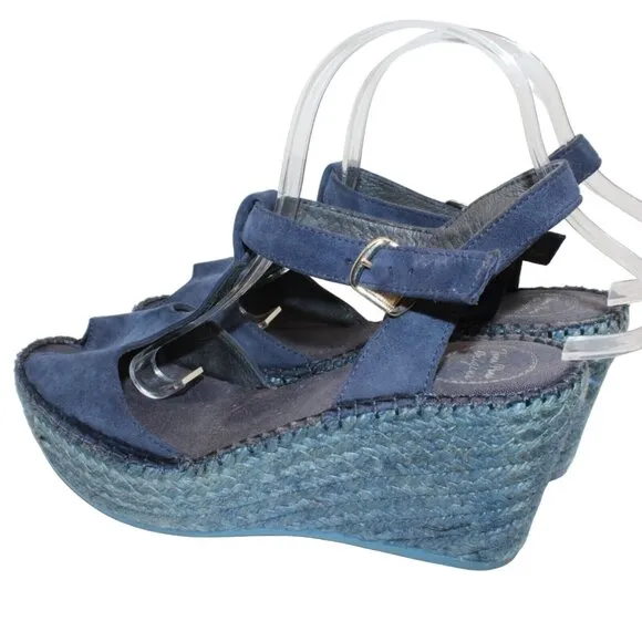 Toni Pons Womens Sz 9M Blue Leather Ankle Strap High Wedge Espadrilles Heels