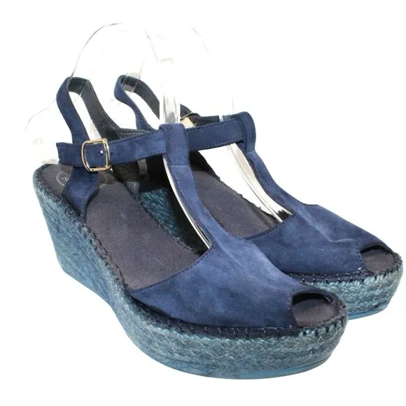 Toni Pons Womens Sz 9M Blue Leather Ankle Strap High Wedge Espadrilles Heels