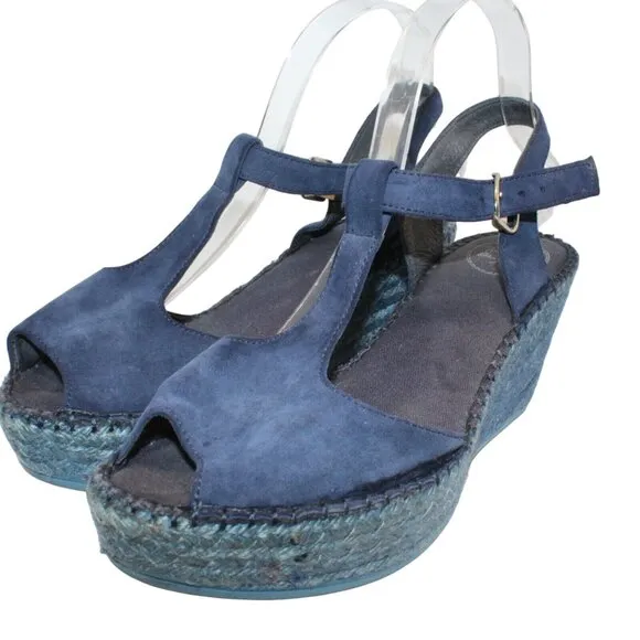 Toni Pons Womens Sz 9M Blue Leather Ankle Strap High Wedge Espadrilles Heels