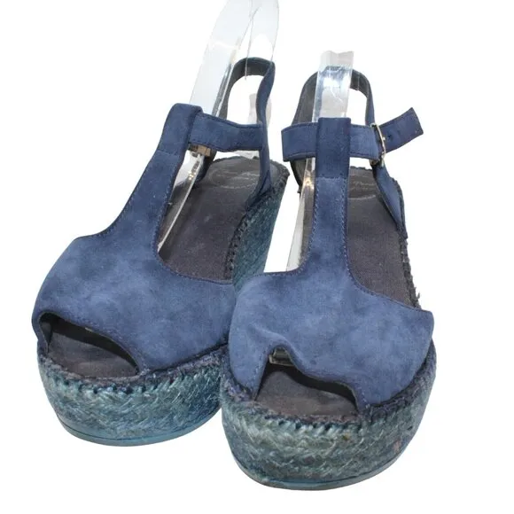 Toni Pons Womens Sz 9M Blue Leather Ankle Strap High Wedge Espadrilles Heels